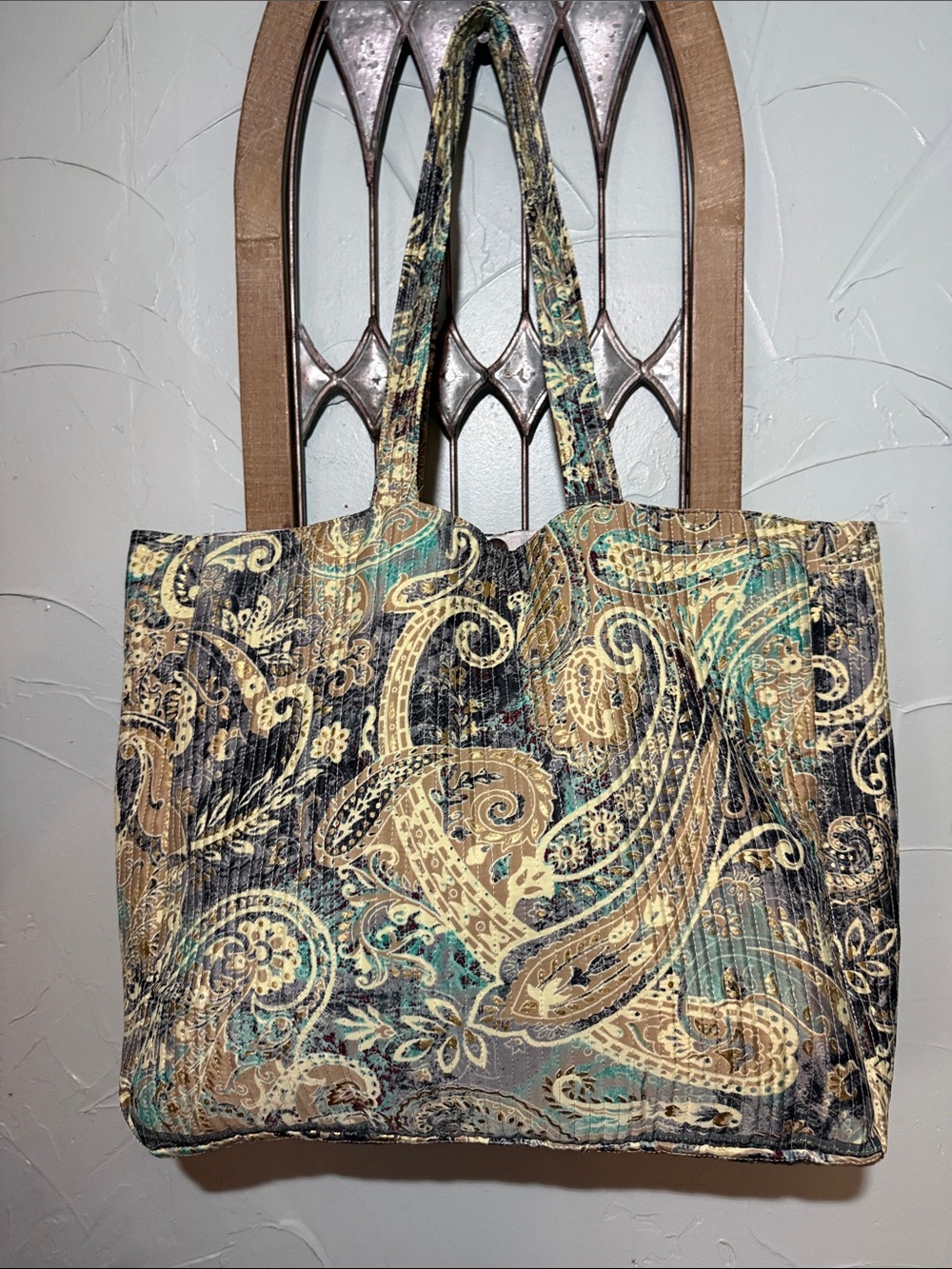 Paisley Quilted Tote Bag in Teal, Beige & Black